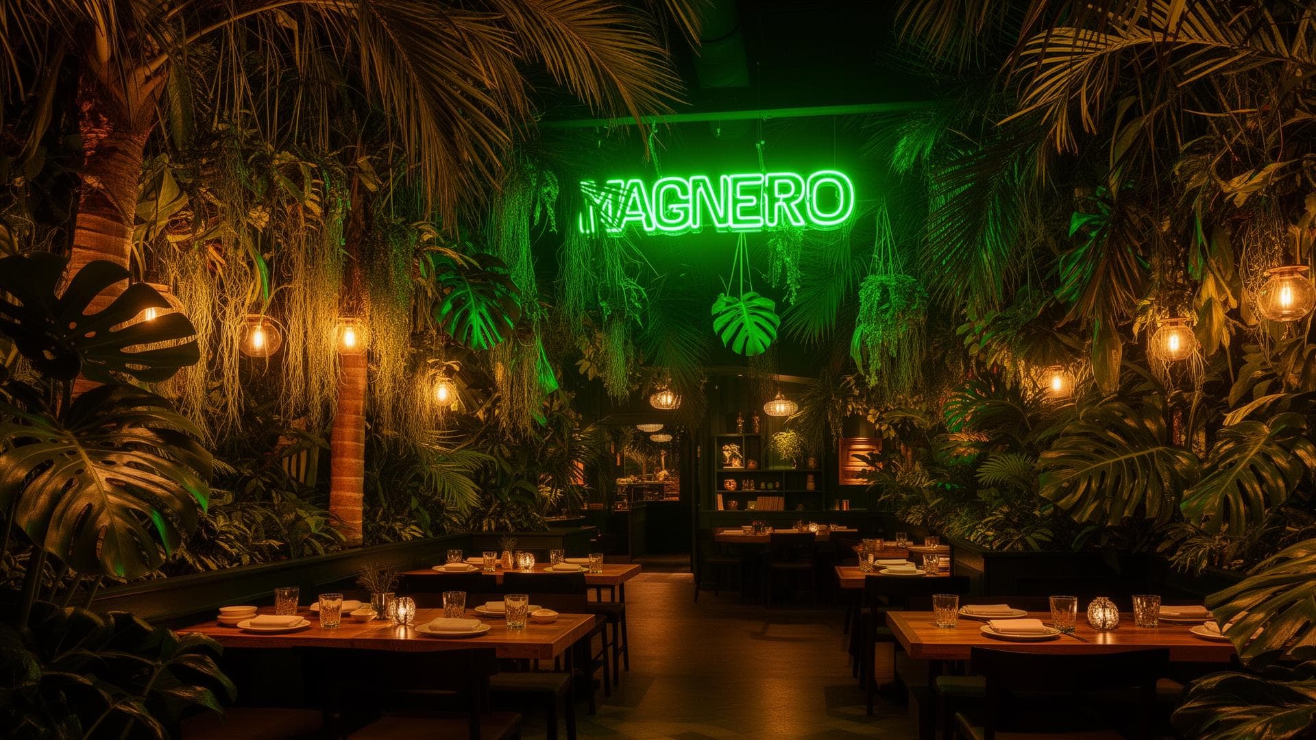 Jungle Garden belső tér trópusi növényekkel és neon világítással
